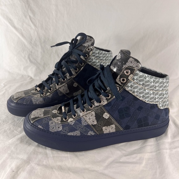 JIMMY CHOO Navy Blue Pattern Canvas Leather High Top Sneakers Marked as 45 12US - Picture 3 of 15
